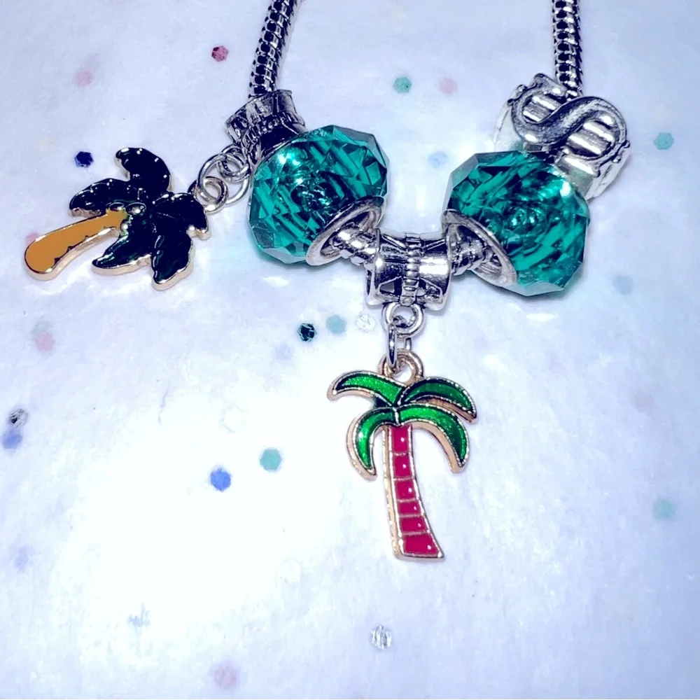 KIDS CHARM BRACELET PALM TREES GREEN BEADS & $$ - Picture 1 of 3
